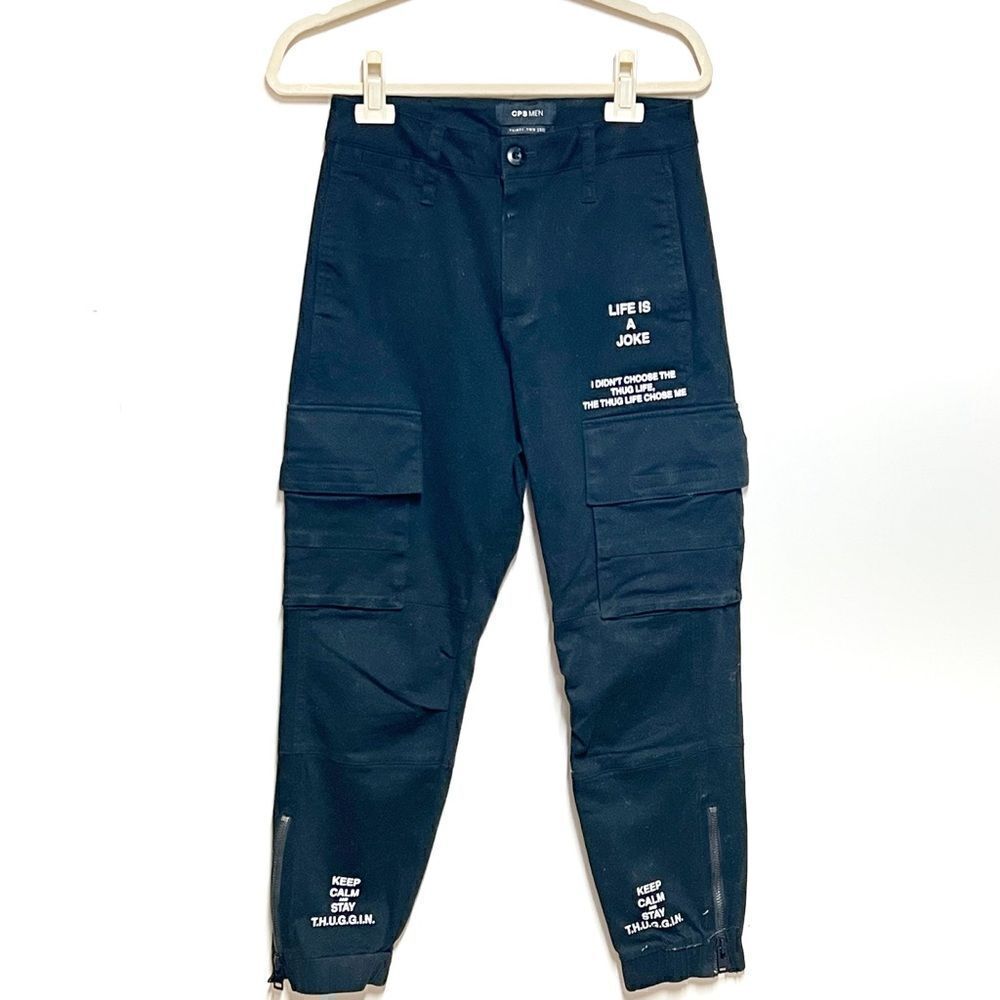 CPS Men Thug Life “Life is a Joke” Black Cargo Joggers Sz 32 W